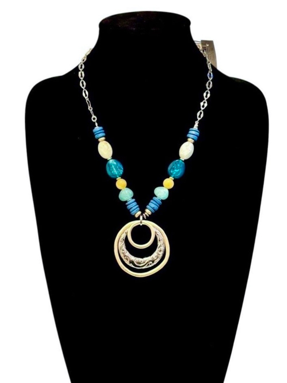 CHICO’s Coastal Two-Tone Medallion Blue Beaded Bib Necklace | NWT